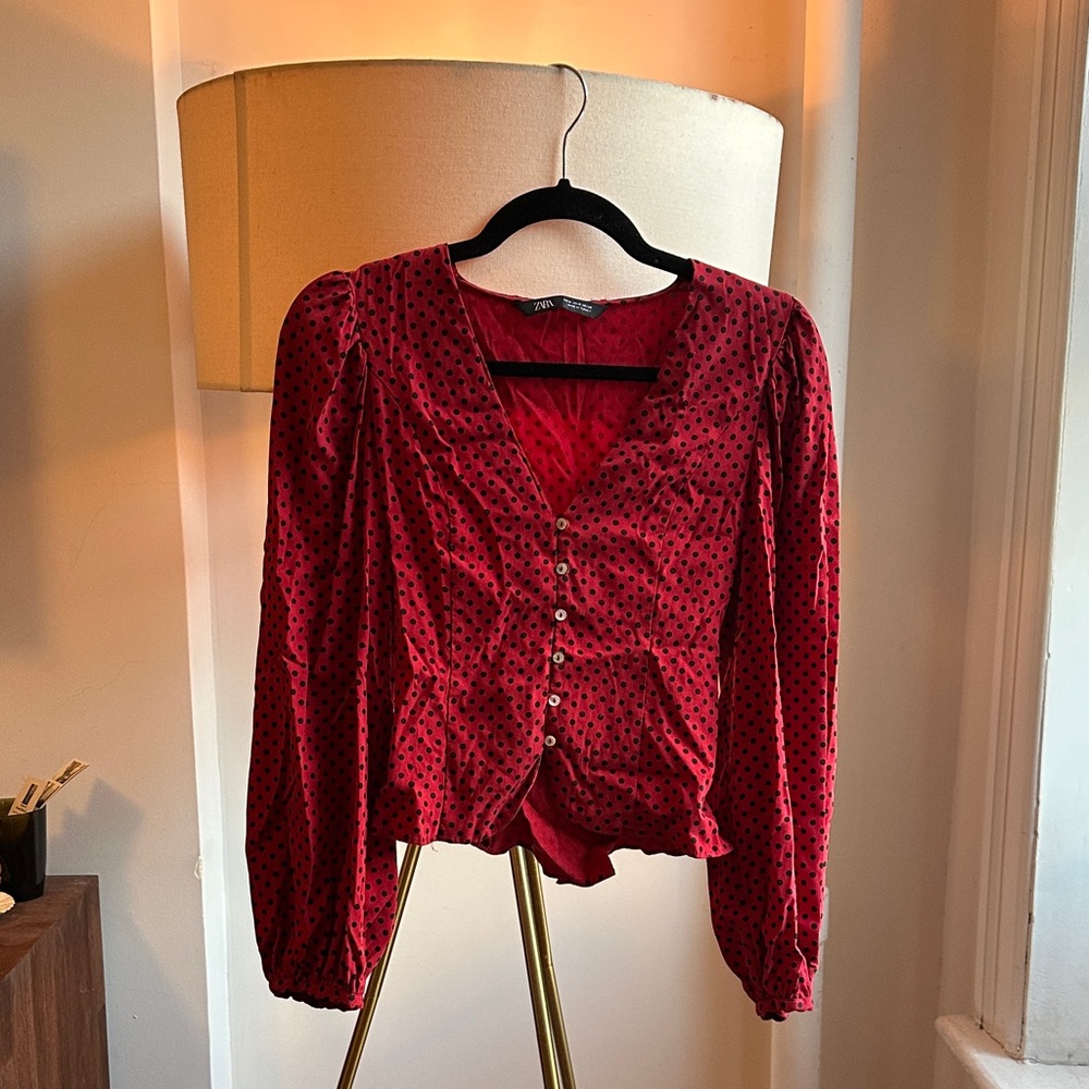 Zara Red and Black Polka Dot Blouse